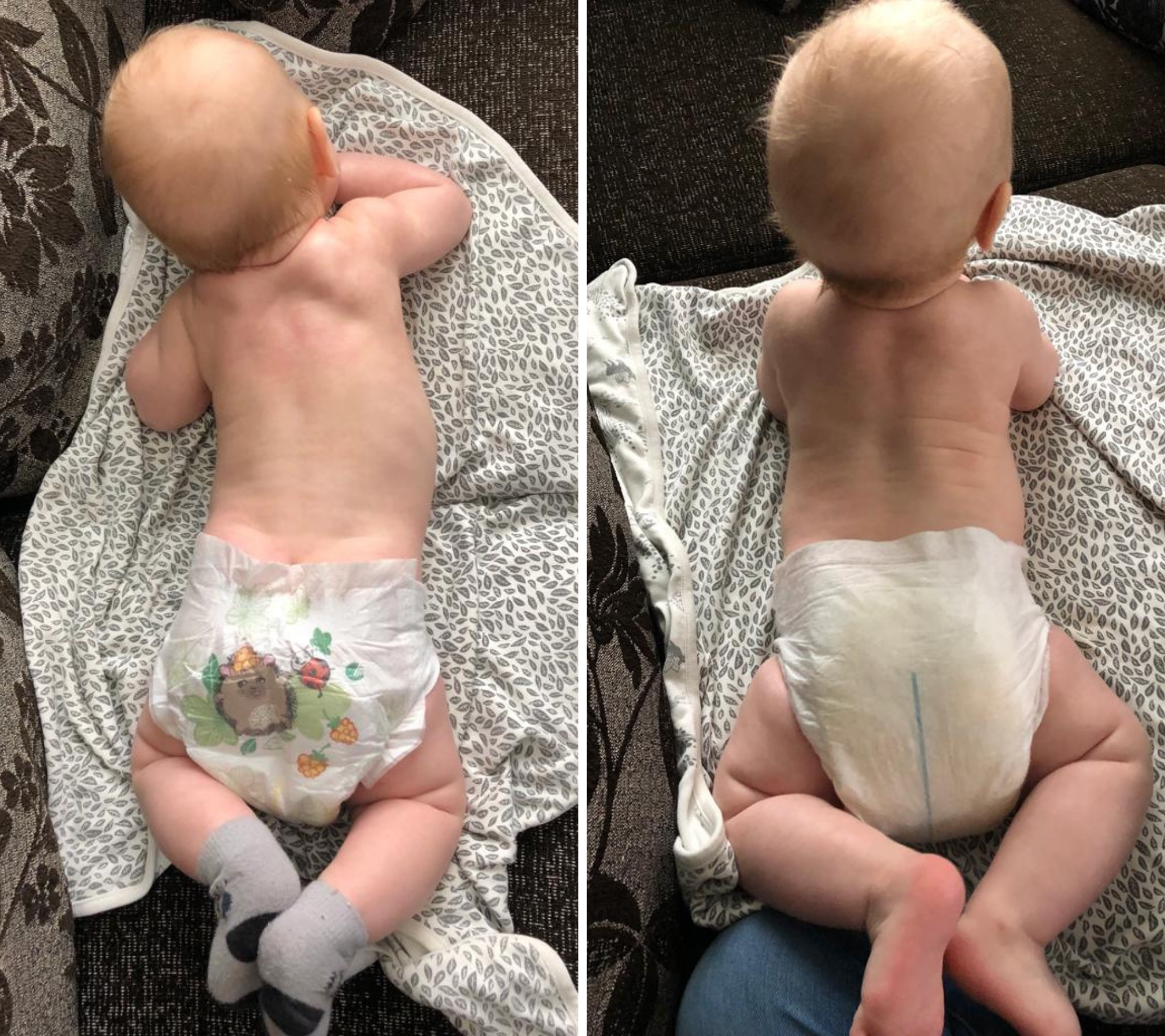 Kaksi kuvaa vauvasta, toinen ennen ja toinen jälkeen Baby Balance-vauvahierontaa.